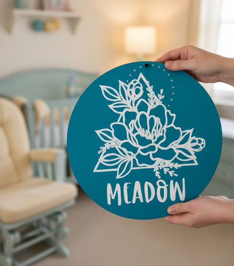 Artful Nursery Charm Custom Floral Round Wood Sign
