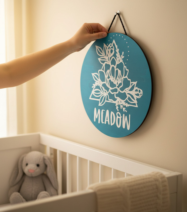 Artful Nursery Charm Custom Floral Round Wood Sign