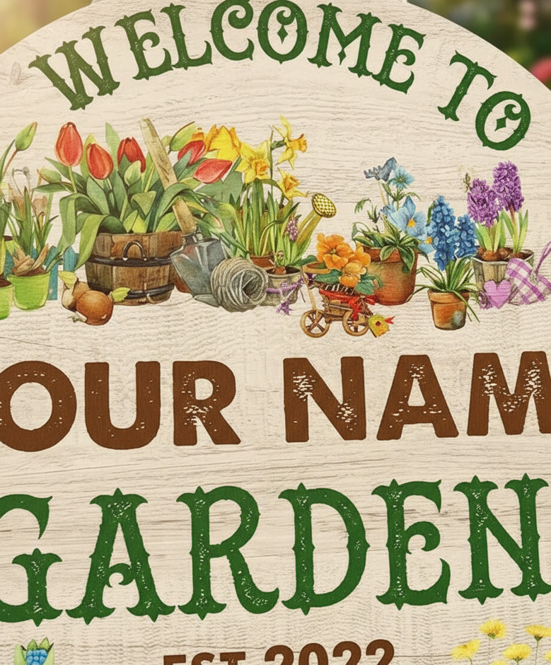 Blooming Garden Welcome Custom Name Floral Round Wood Sign