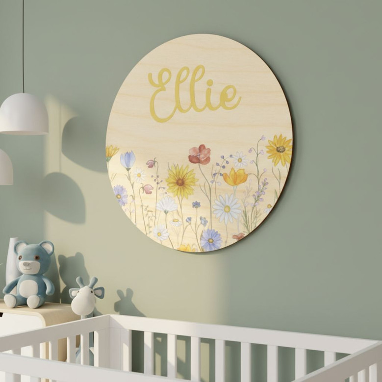Blooming Petals Custom Floral Round Wood Sign Nursery Decor