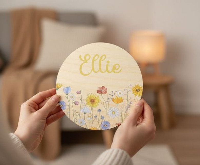Blooming Petals Custom Floral Round Wood Sign Nursery Decor