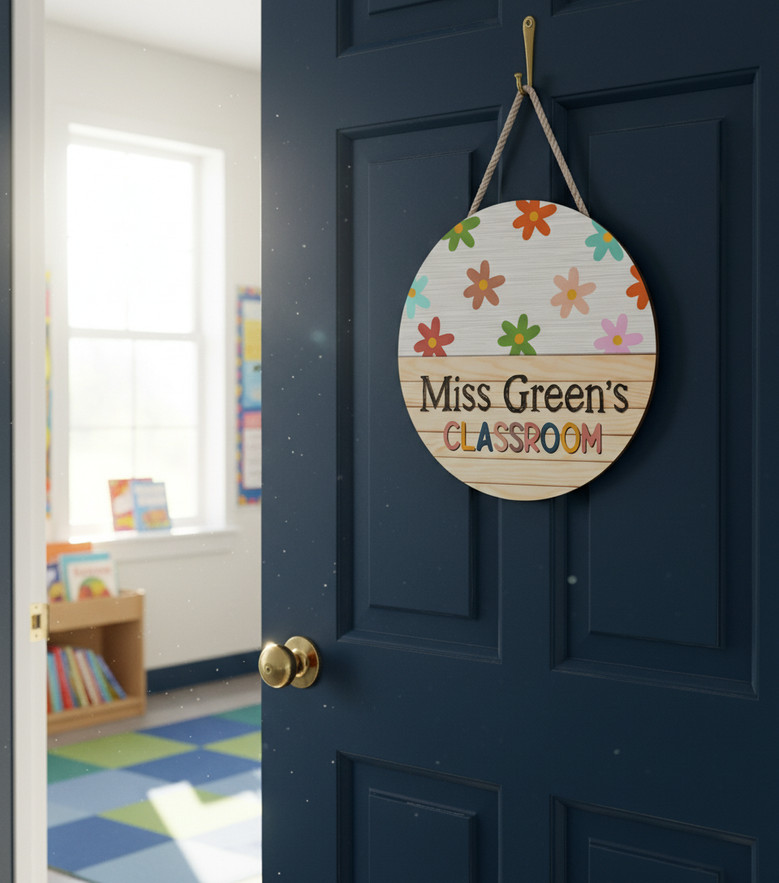 Blooming With Love Floral Teacher Round Wood Sign