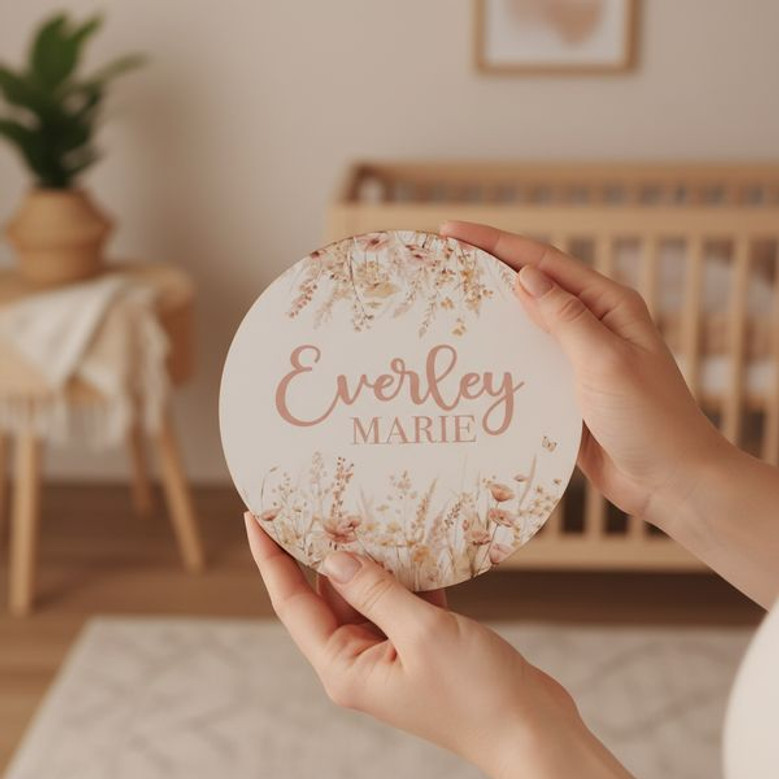 Boho Wildflower Floral Round Wood Sign Personalized Girl Gift