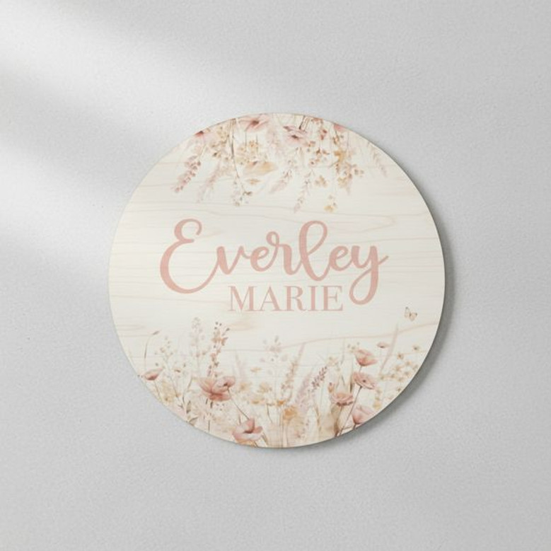 Boho Wildflower Floral Round Wood Sign Personalized Girl Gift