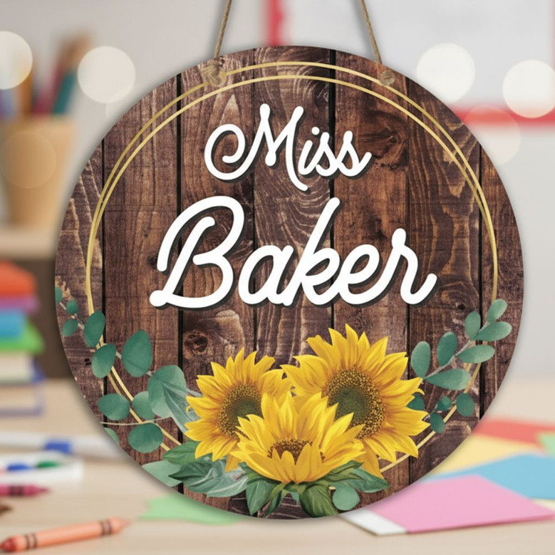 Bright Sunflower Floral Round Wood Sign Classroom Decor