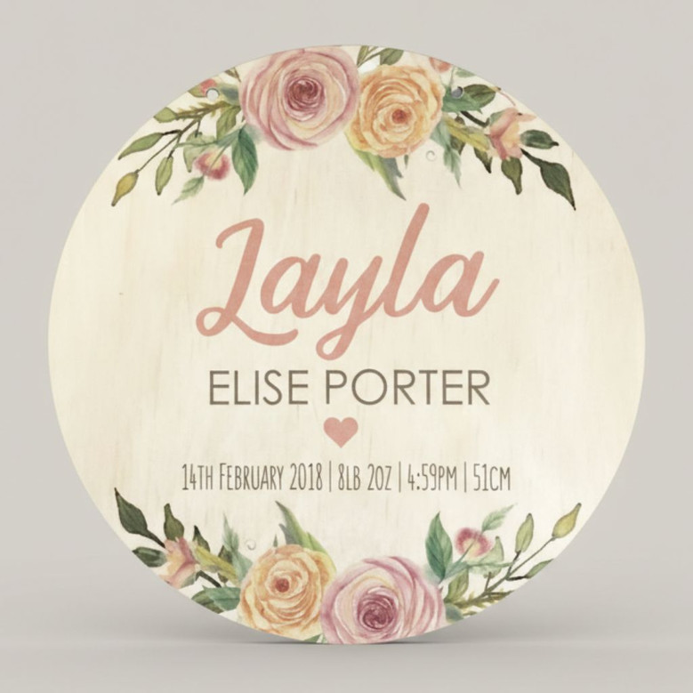Celebrate New Life Floral Round Wood Sign Baby Nursery Announcement
