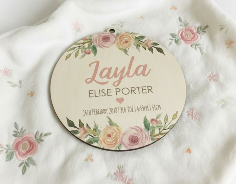 Celebrate New Life Floral Round Wood Sign Baby Nursery Announcement