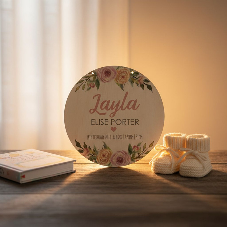 Celebrate New Life Floral Round Wood Sign Baby Nursery Announcement