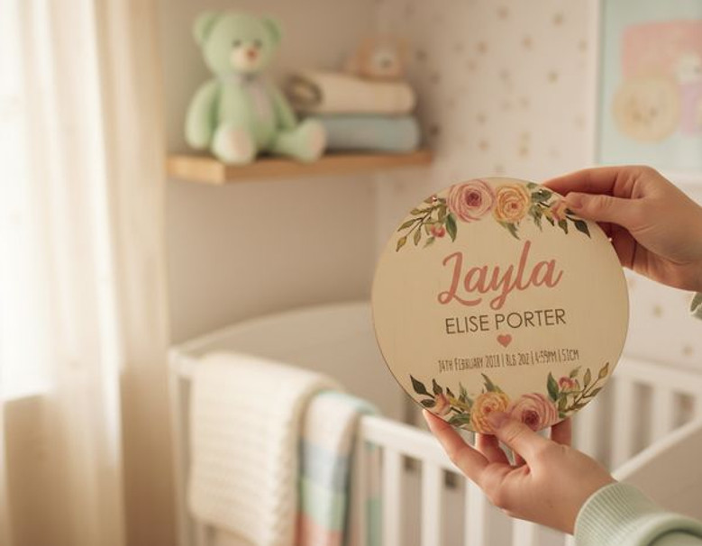 Celebrate New Life Floral Round Wood Sign Baby Nursery Announcement
