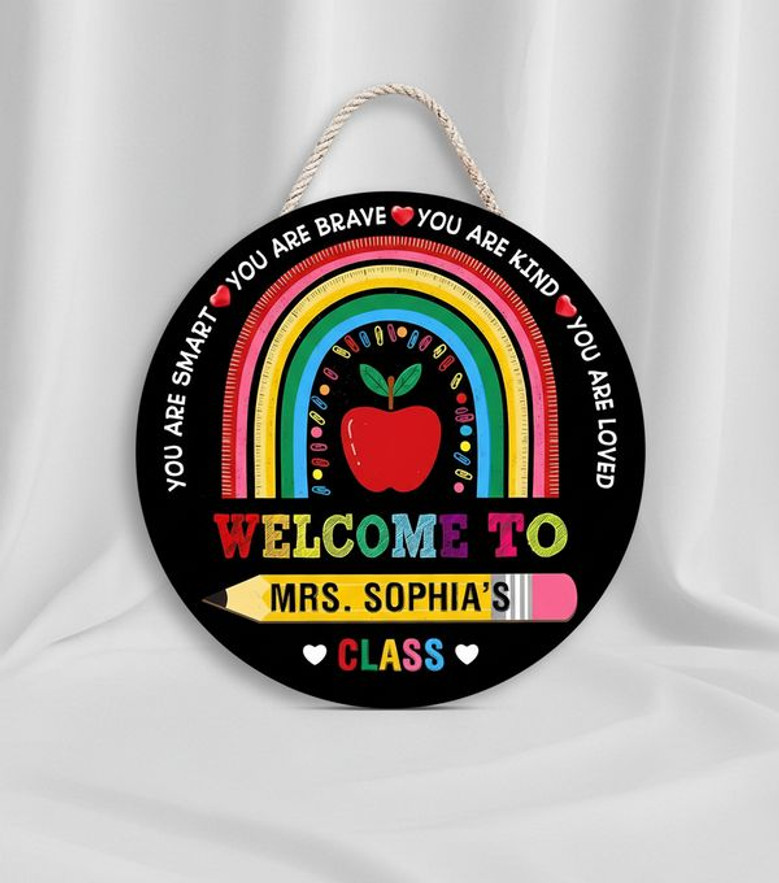 Colorful Apple Rainbow Teacher Round Wood Sign Decor