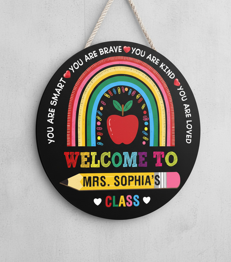 Colorful Apple Rainbow Teacher Round Wood Sign Decor