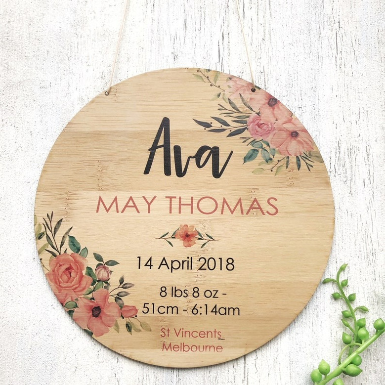 Custom Birth Announcement Floral Round Wood Sign Keepsake