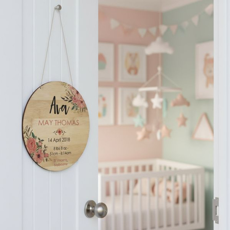 Custom Birth Announcement Floral Round Wood Sign Keepsake