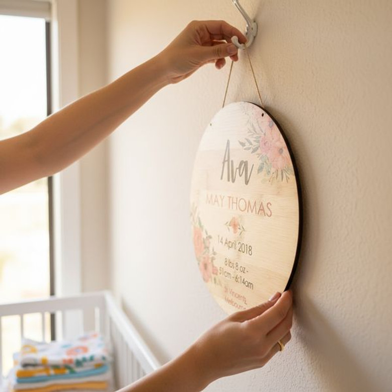 Custom Birth Announcement Floral Round Wood Sign Keepsake