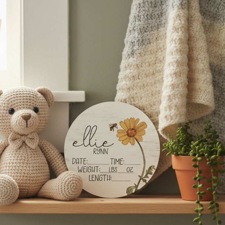 Custom Birth Stats Floral Nursery Round Wood Sign Newborn Arrival