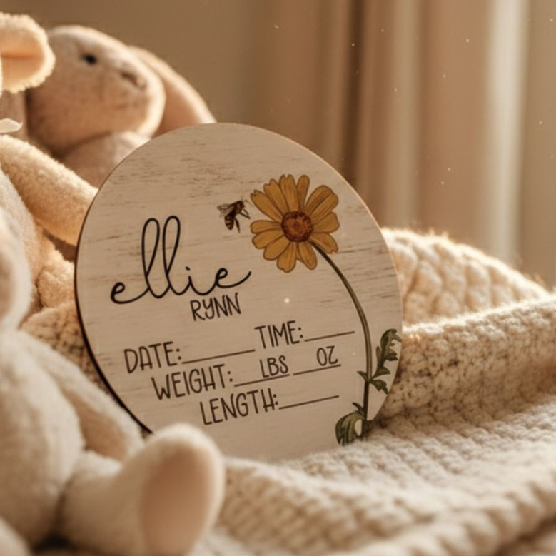 Custom Birth Stats Floral Nursery Round Wood Sign Newborn Arrival