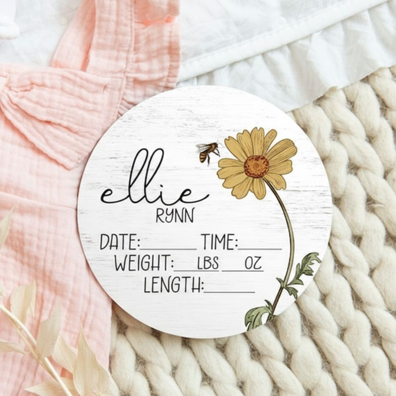 Custom Birth Stats Floral Nursery Round Wood Sign Newborn Arrival
