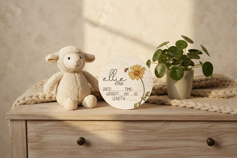 Custom Birth Stats Floral Nursery Round Wood Sign Newborn Arrival