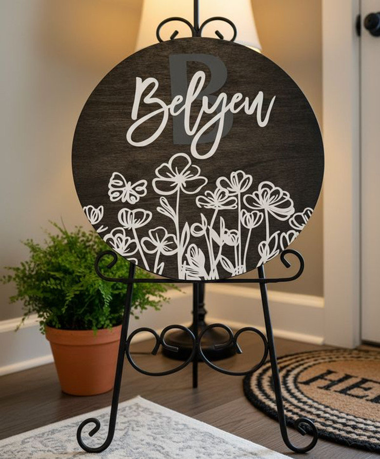 Custom Family Floral Round Wood Sign Personalized Name