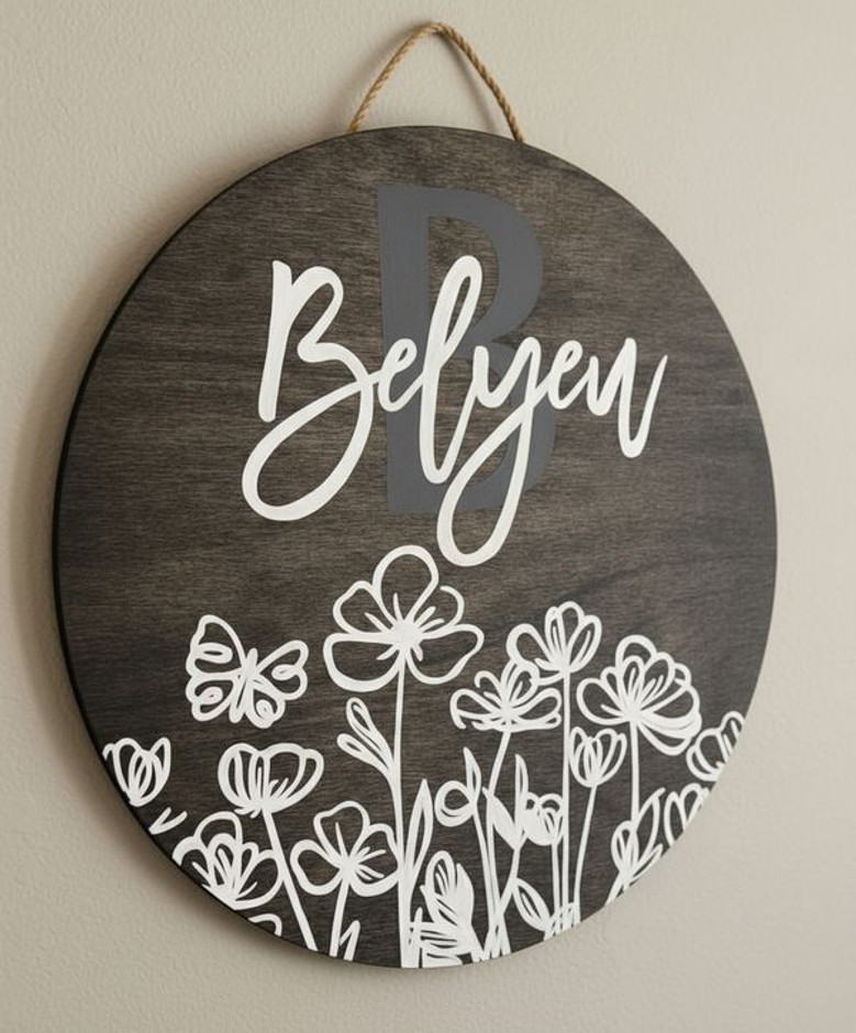 Custom Family Floral Round Wood Sign Personalized Name