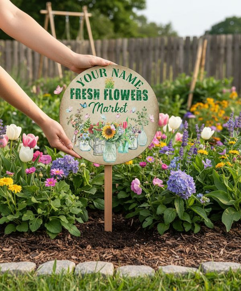 Custom Farmhouse Fresh Market Floral Round Wood Sign