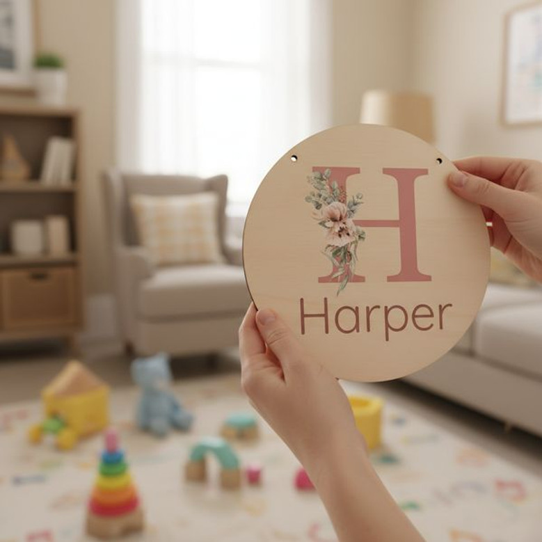 Dusty Pink Floral Round Wood Sign Personalized for Her
