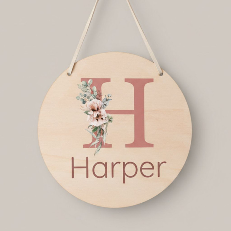 Dusty Pink Floral Round Wood Sign Personalized for Her