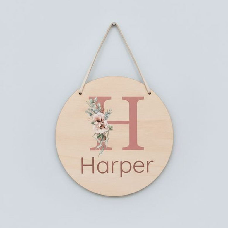 Dusty Pink Floral Round Wood Sign Personalized for Her