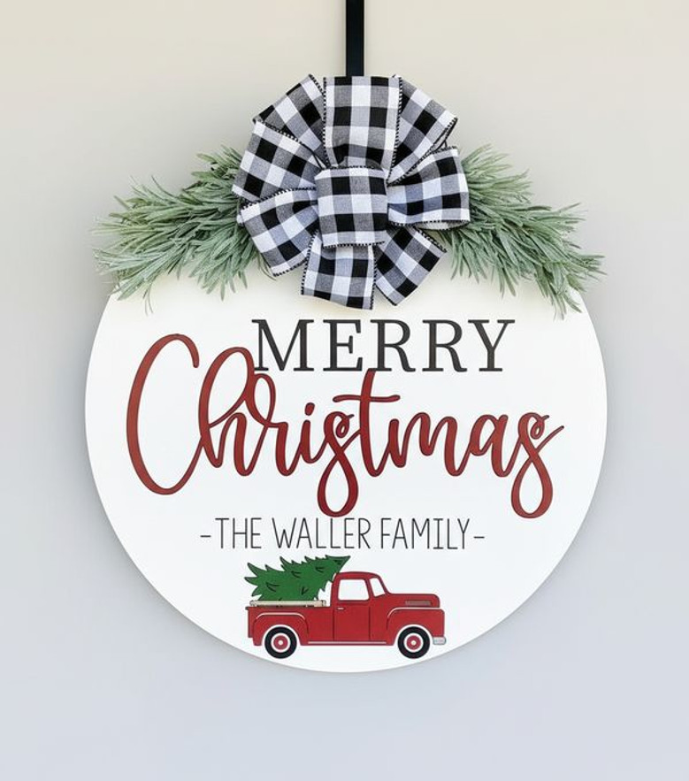 Family Heritage Christmas Round Wood Sign with Vintage Truck
