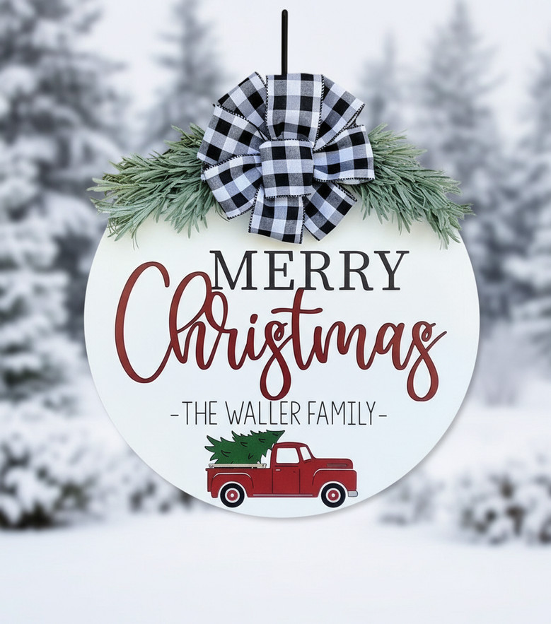 Family Heritage Christmas Round Wood Sign with Vintage Truck