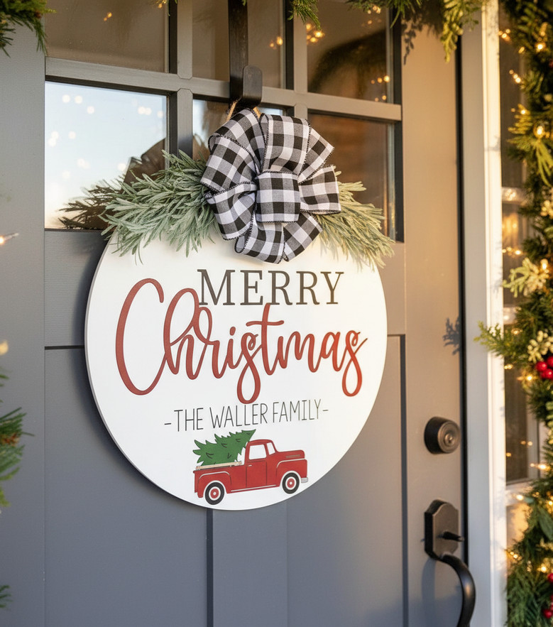 Family Heritage Christmas Round Wood Sign with Vintage Truck