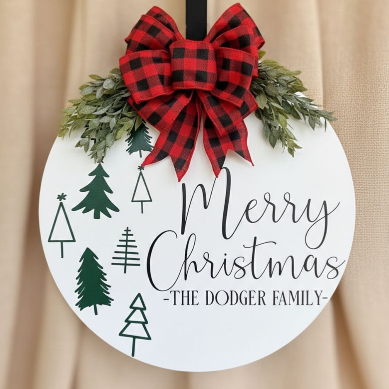 Family Name Traditions Christmas Round Wood Sign Door Decor