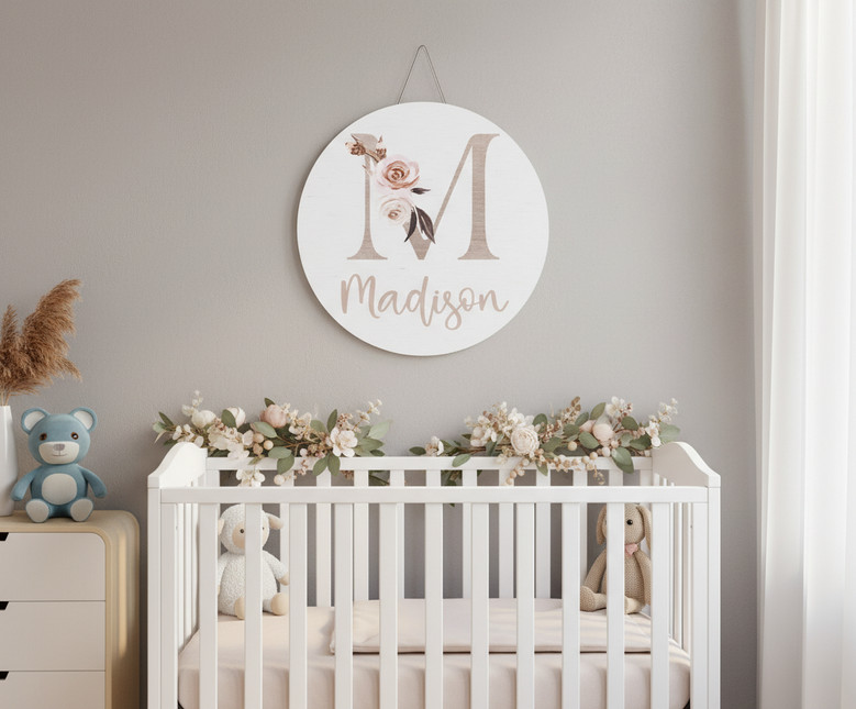 Floral Baby Girl Nursery Custom Floral Round Wood Sign