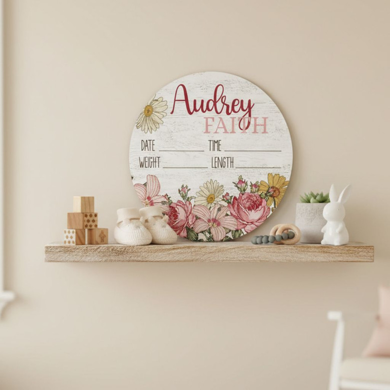 Floral Round Wood Sign Her Sweet Arrival Custom Baby Nursery Decor