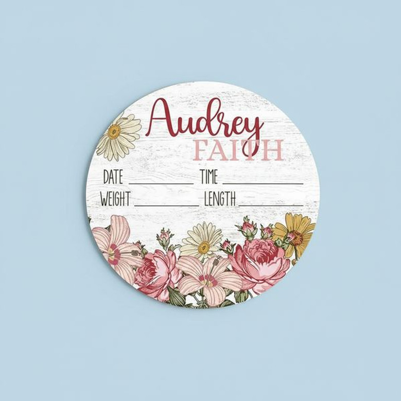 Floral Round Wood Sign Her Sweet Arrival Custom Baby Nursery Decor