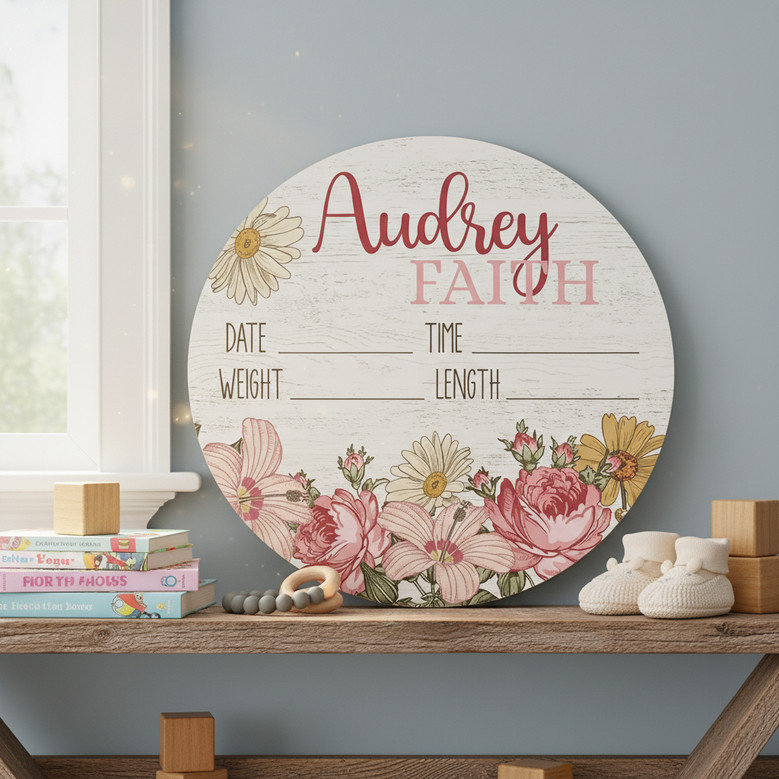 Floral Round Wood Sign Her Sweet Arrival Custom Baby Nursery Decor