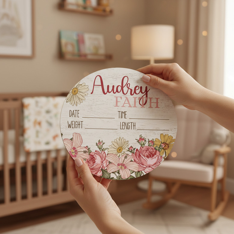 Floral Round Wood Sign Her Sweet Arrival Custom Baby Nursery Decor