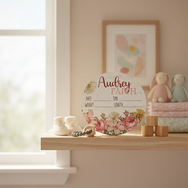 Floral Round Wood Sign Her Sweet Arrival Custom Baby Nursery Decor