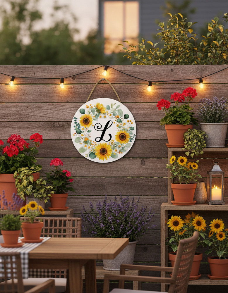 Floral Round Wood Sign with Custom Initial Monogram