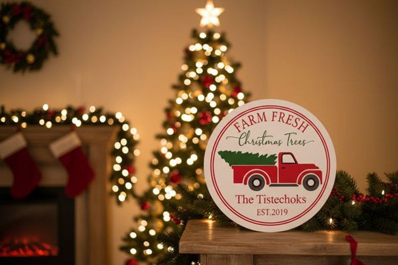 Funny Jolliest Bunch Christmas Round Wood Sign with Red Truck