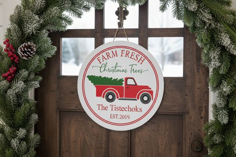 Funny Jolliest Bunch Christmas Round Wood Sign with Red Truck