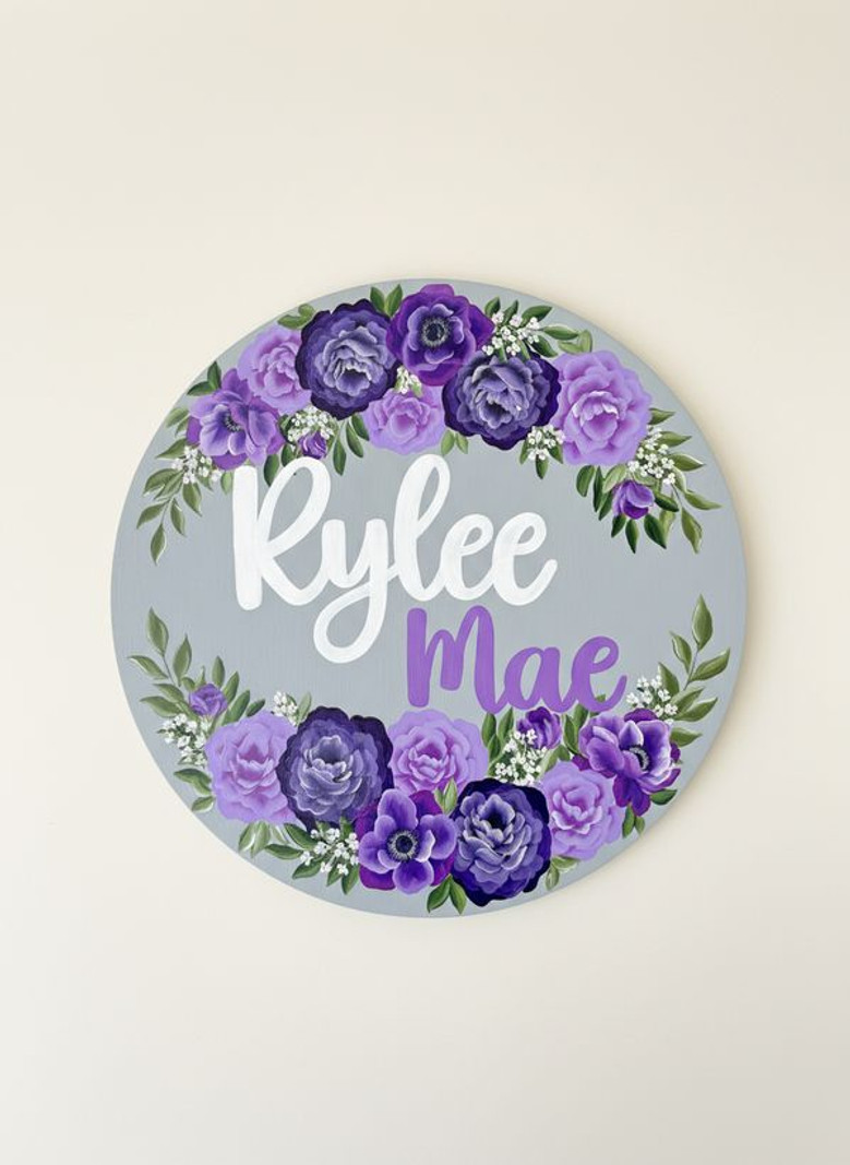 Hand Painted Floral Round Wood Sign Nursery Name Decor