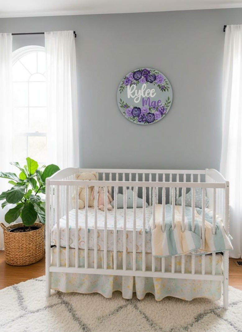 Hand Painted Floral Round Wood Sign Nursery Name Decor