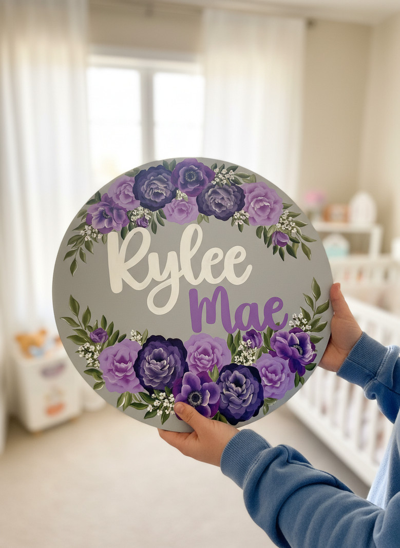 Hand Painted Floral Round Wood Sign Nursery Name Decor
