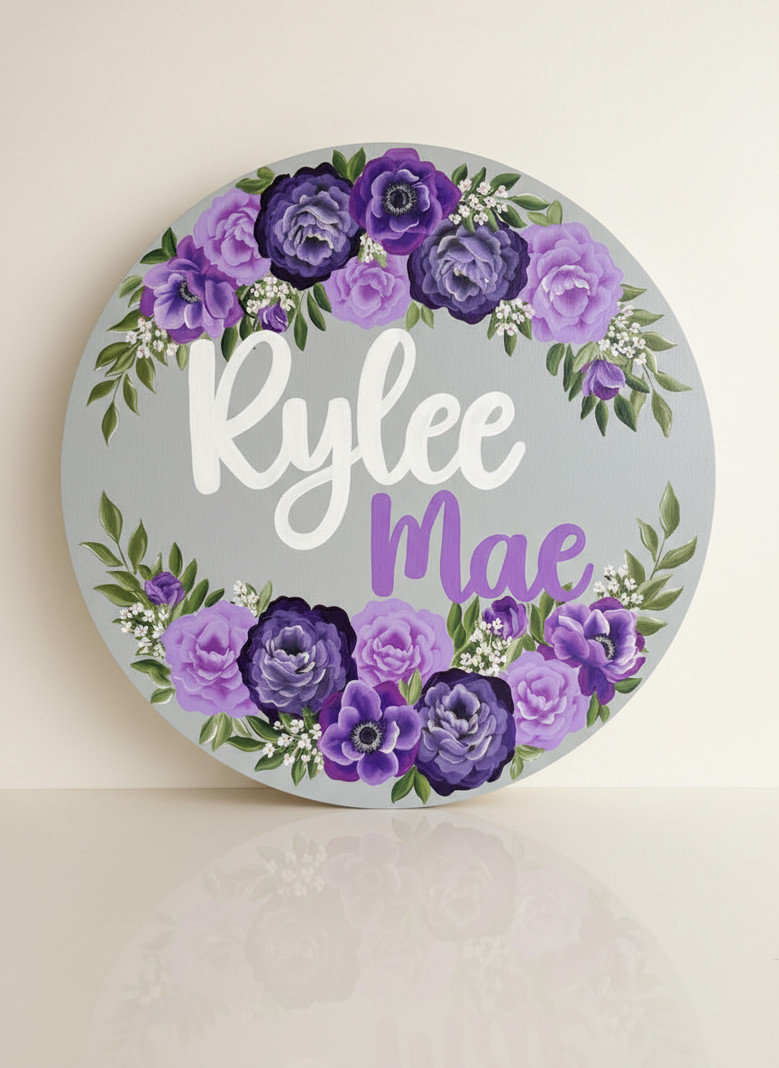 Hand Painted Floral Round Wood Sign Nursery Name Decor