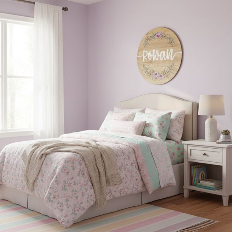 Hand Painted Girls Floral Round Wood Sign Custom Name