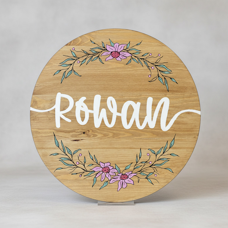 Hand Painted Girls Floral Round Wood Sign Custom Name