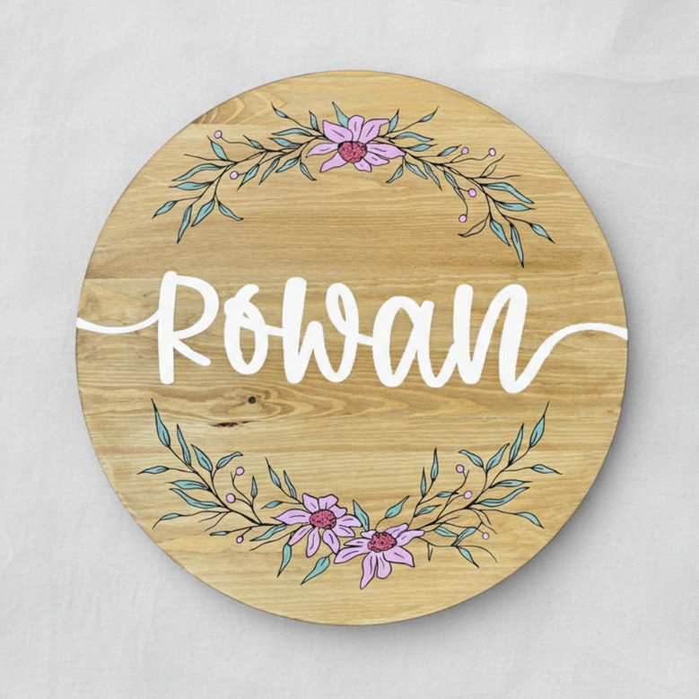 Hand Painted Girls Floral Round Wood Sign Custom Name