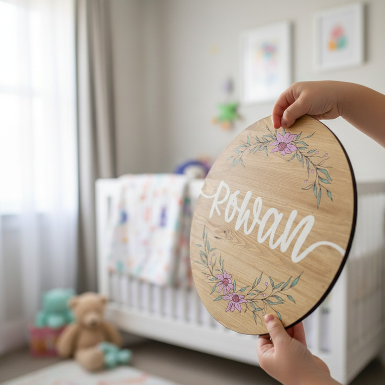 Hand Painted Girls Floral Round Wood Sign Custom Name