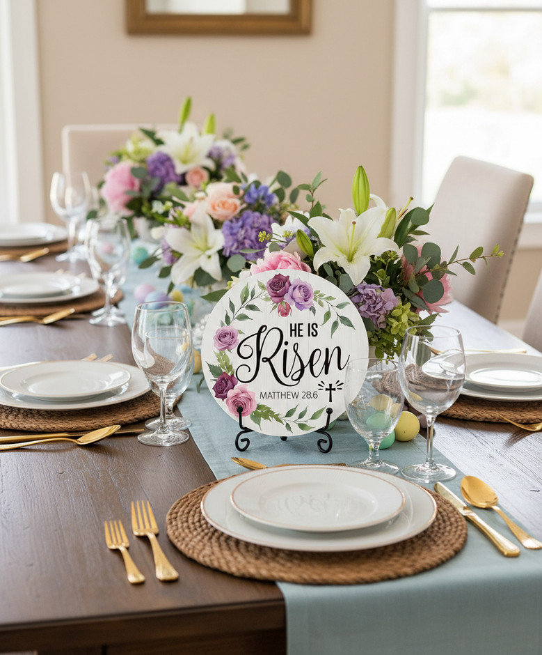 He Is Risen Floral Round Wood Sign Easter Decor